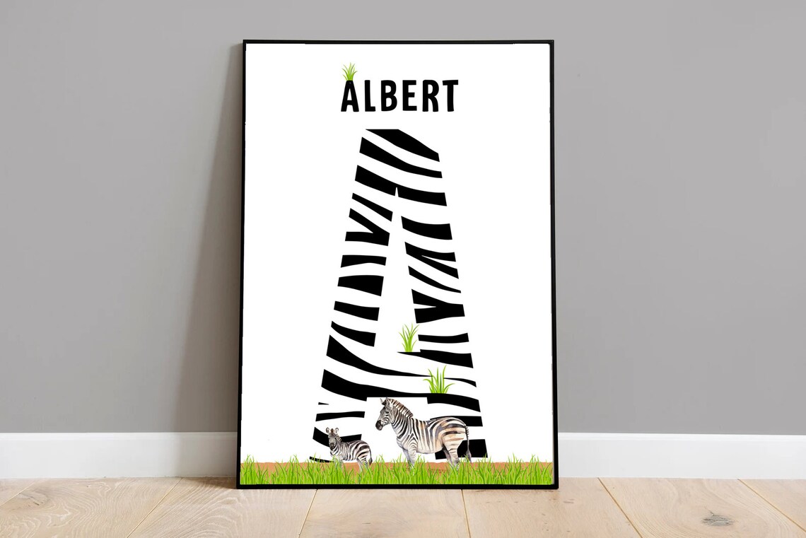 Personalized Zebra Stripe Name Letter A Nursery Wall Decor Poster