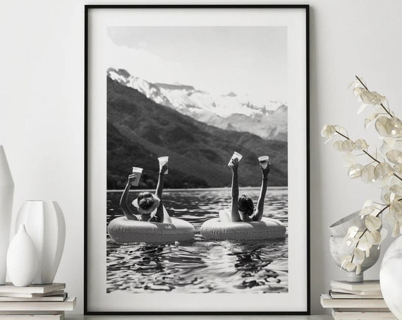 Women Drinking On Lake Drinking On Lake Print Colored Vintage Wall Art Funny Picnic On Floaties Poster Ocean Wall Decor