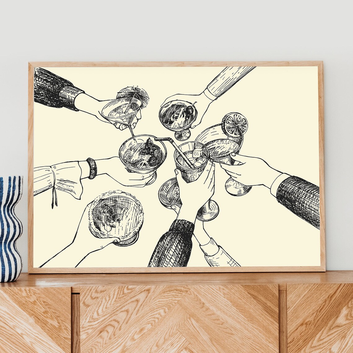 Cheers Cocktail Toast Friends Line Art Sketch Bar Decor Art Poster