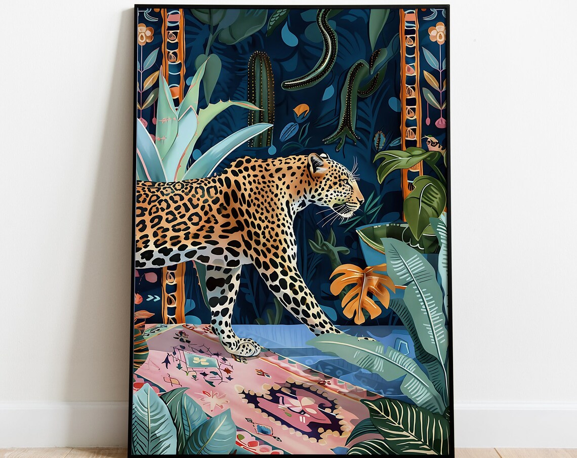 Leopard In Forest Painting, Boho Maximalist Art Print