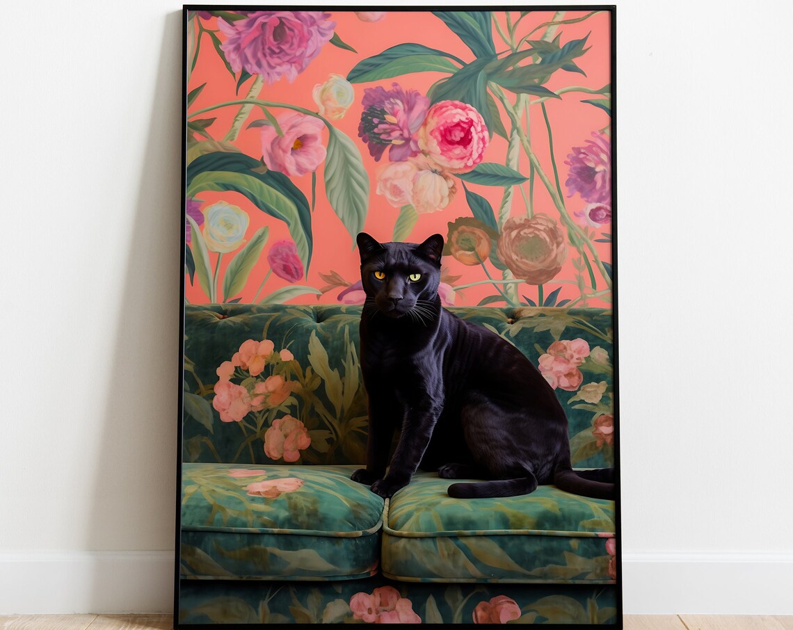 Black Panther Sitting on a Floral Couch Maximalist Animal Poster