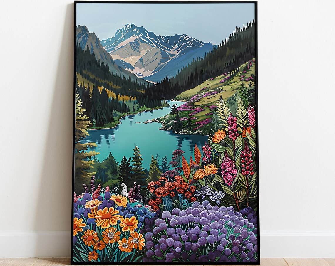 Alpine Lake Valley Snow Peaks Wildflower Meadow Landscape Poster
