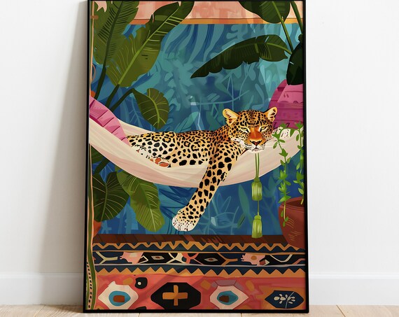 Lazy Leopard Lounging Hammock Tropical Leaves Maximalist Decor Poster