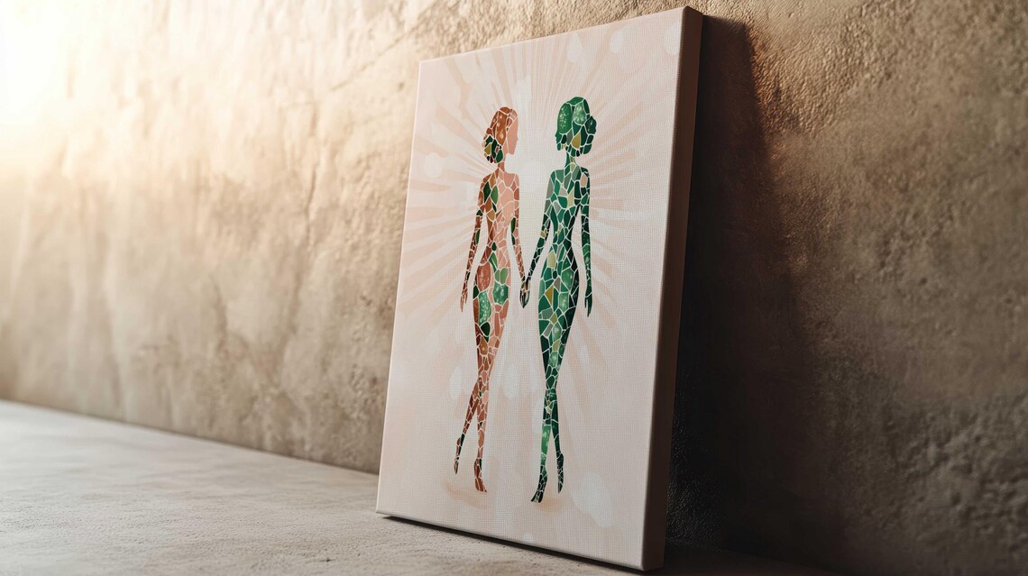 Two Women Holding Hands Mosaic Sunburst Love Couple Wall Art
