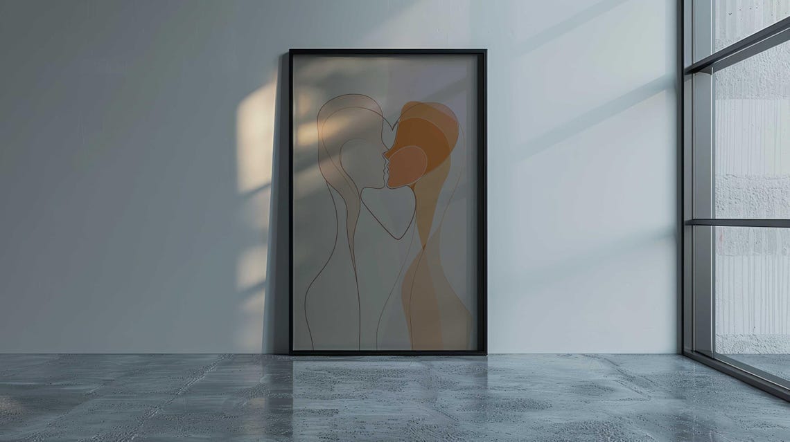 Minimalist Line Art Couple Heart Face Modern Beige Wall Poster - Image 2