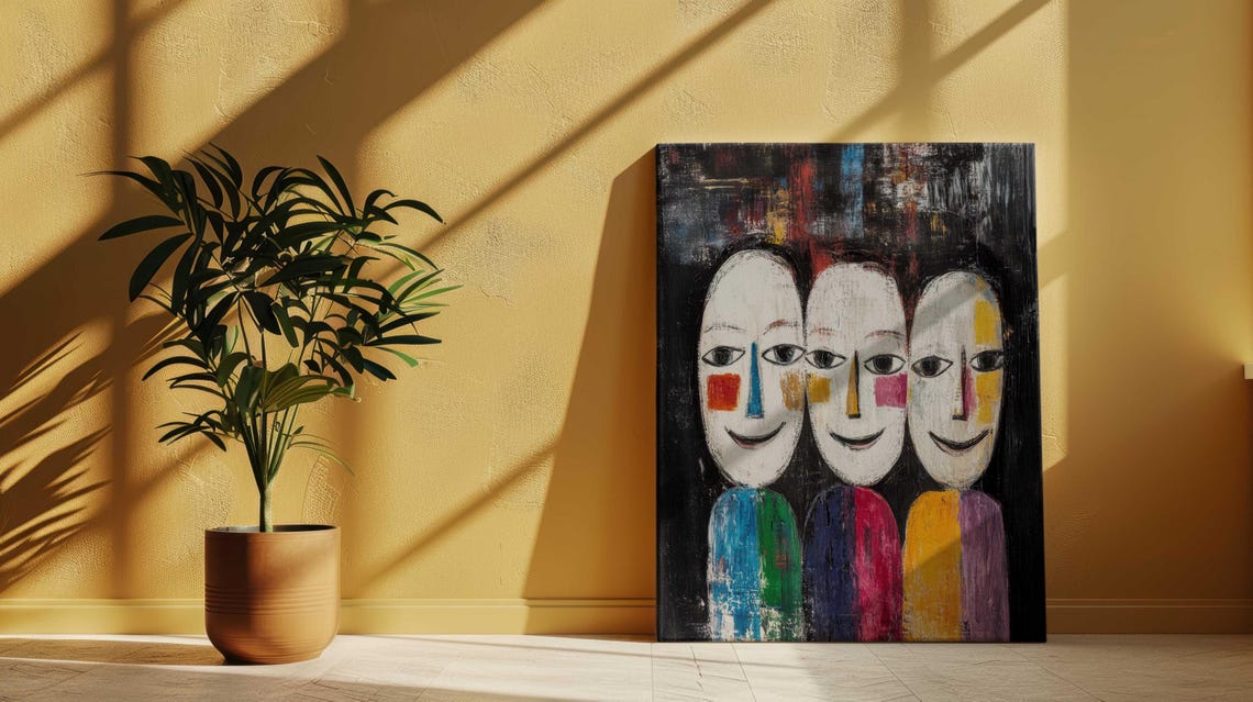 Three Happy Faces Naive Expressionist Mask Art Colorful Wall Poster - Image 3