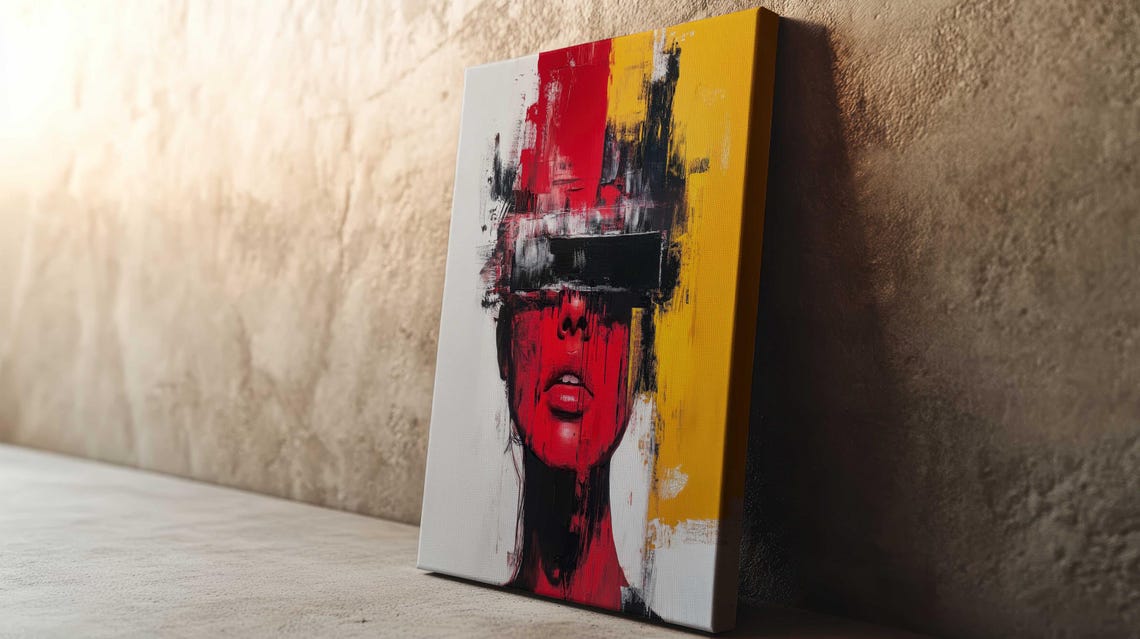 Bold Street Art Woman Face Red Yellow Black Blindfold Wall Art - Image 3