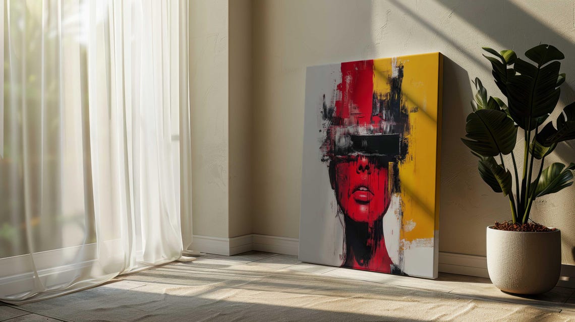 Bold Street Art Woman Face Red Yellow Black Blindfold Wall Art - Image 2