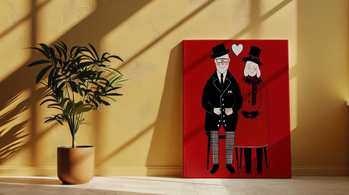 Romantic Vintage Elderly Couple Red Heart Love Canvas Poster - Image 3