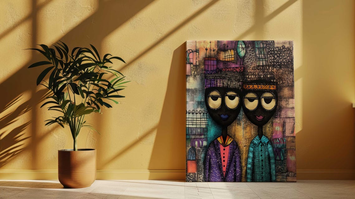 Naive Folk Art Couple Big Eyes Colorful Patterned African Art Poster - Image 4
