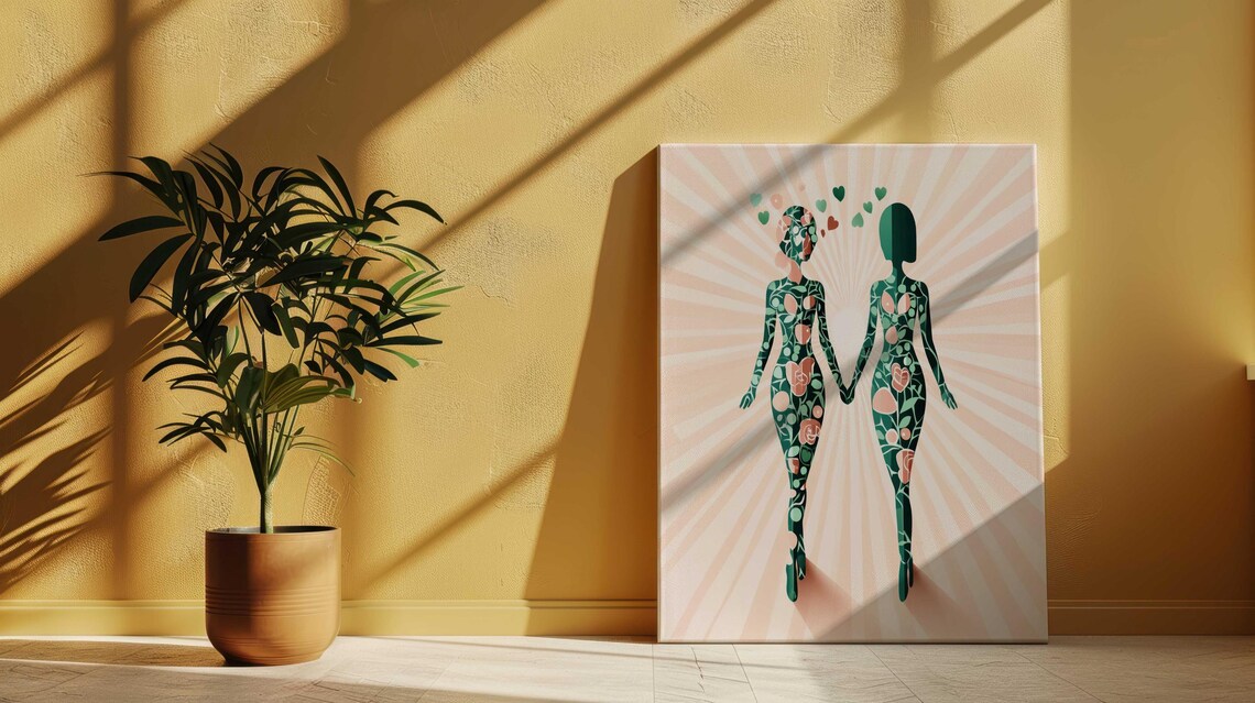 Two Women Holding Hands Hearts Above Pink Sunburst Couple Wall Art - Image 2