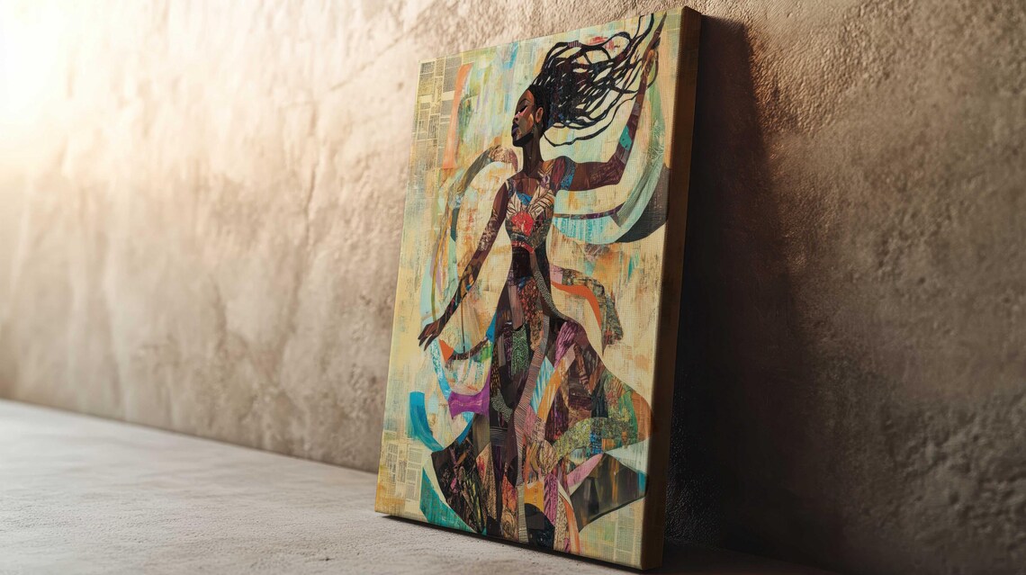 Black Woman Dancing Flowing Hair Collage Dress Joyful Freedom Poster - Image 3