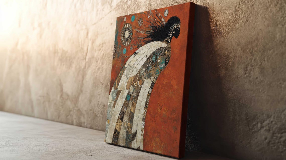 African Woman Mosaic Gown Klimt Inspired Burnt Orange Wall Art - Image 3