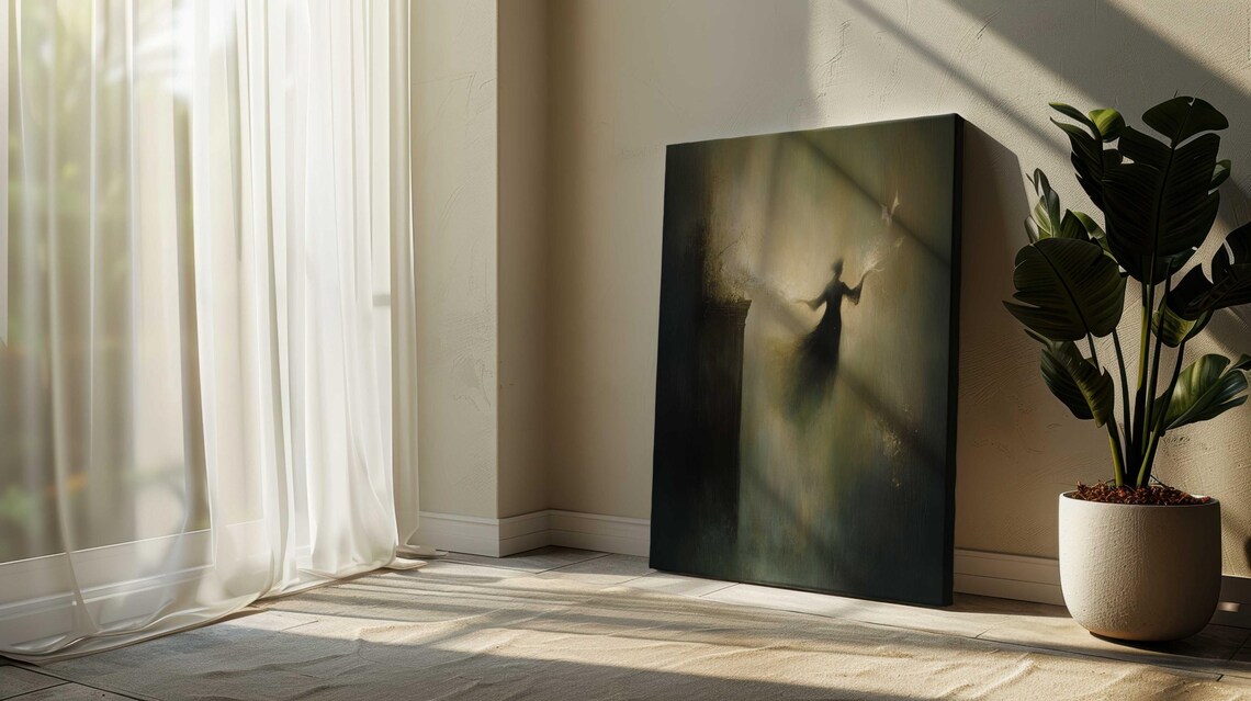 Ethereal Woman With Doves Misty Golden Light Dreamy Art Print - Image 3