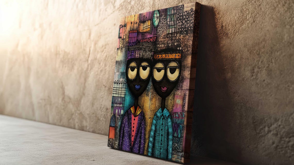 Naive Folk Art Couple Big Eyes Colorful Patterned African Art Poster - Image 2