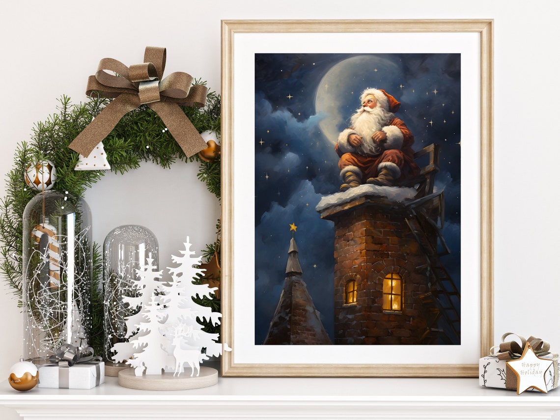 Santa Claus Sitting on Chimney Under Moonlight Christmas Eve Poster - Image 2