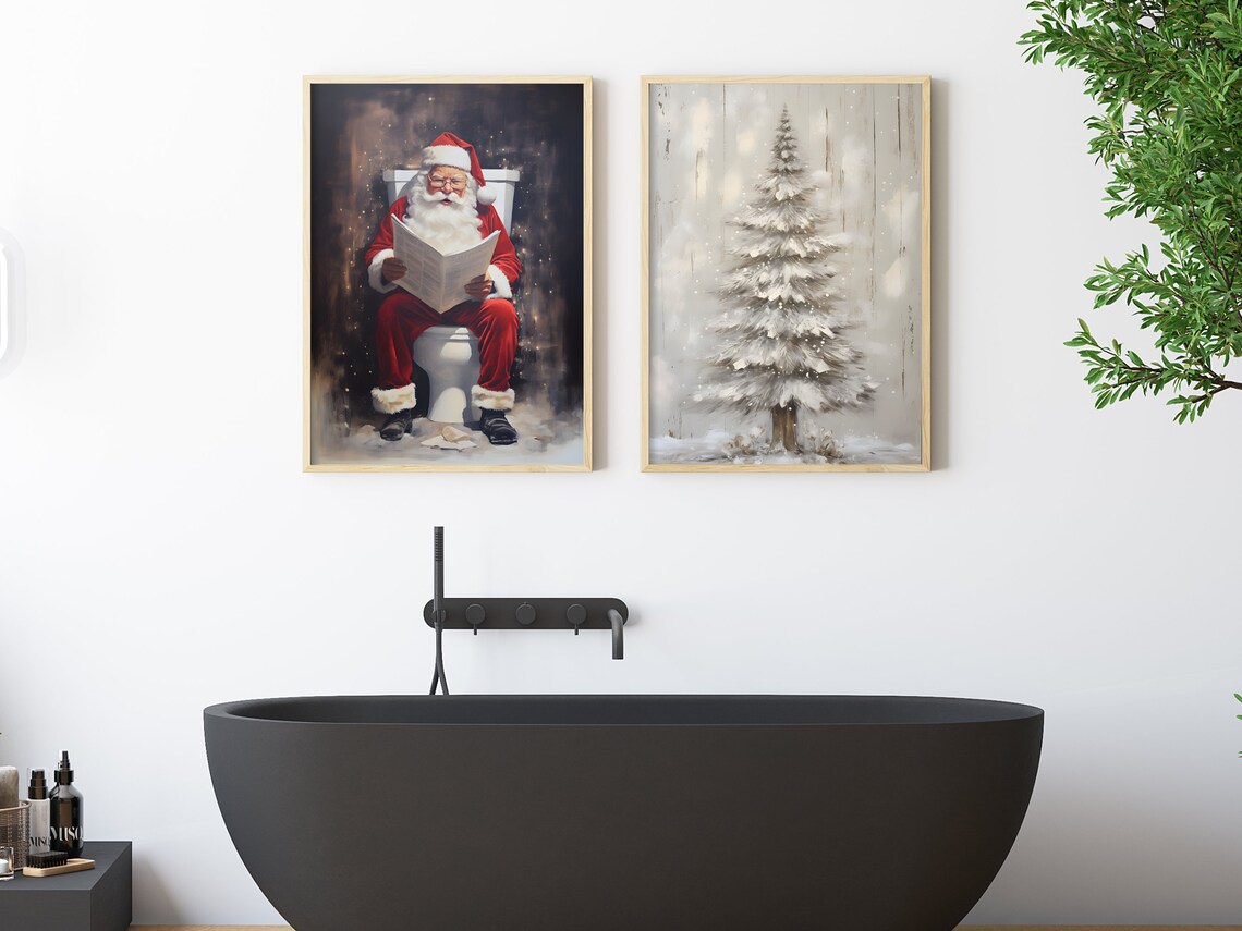 Funny Santa On Toilet Reading Newspaper Christmas Bathroom Print - Image 2