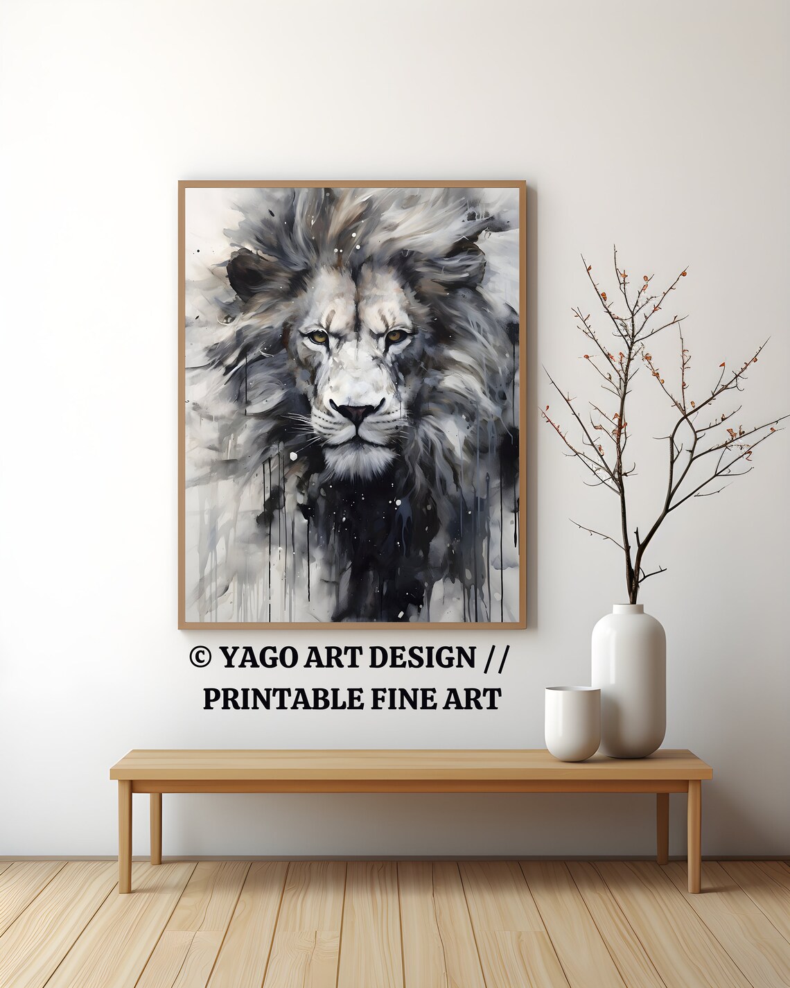 Monochrome Lion Face Dripping Ink Watercolor Wildlife Poster - Image 4
