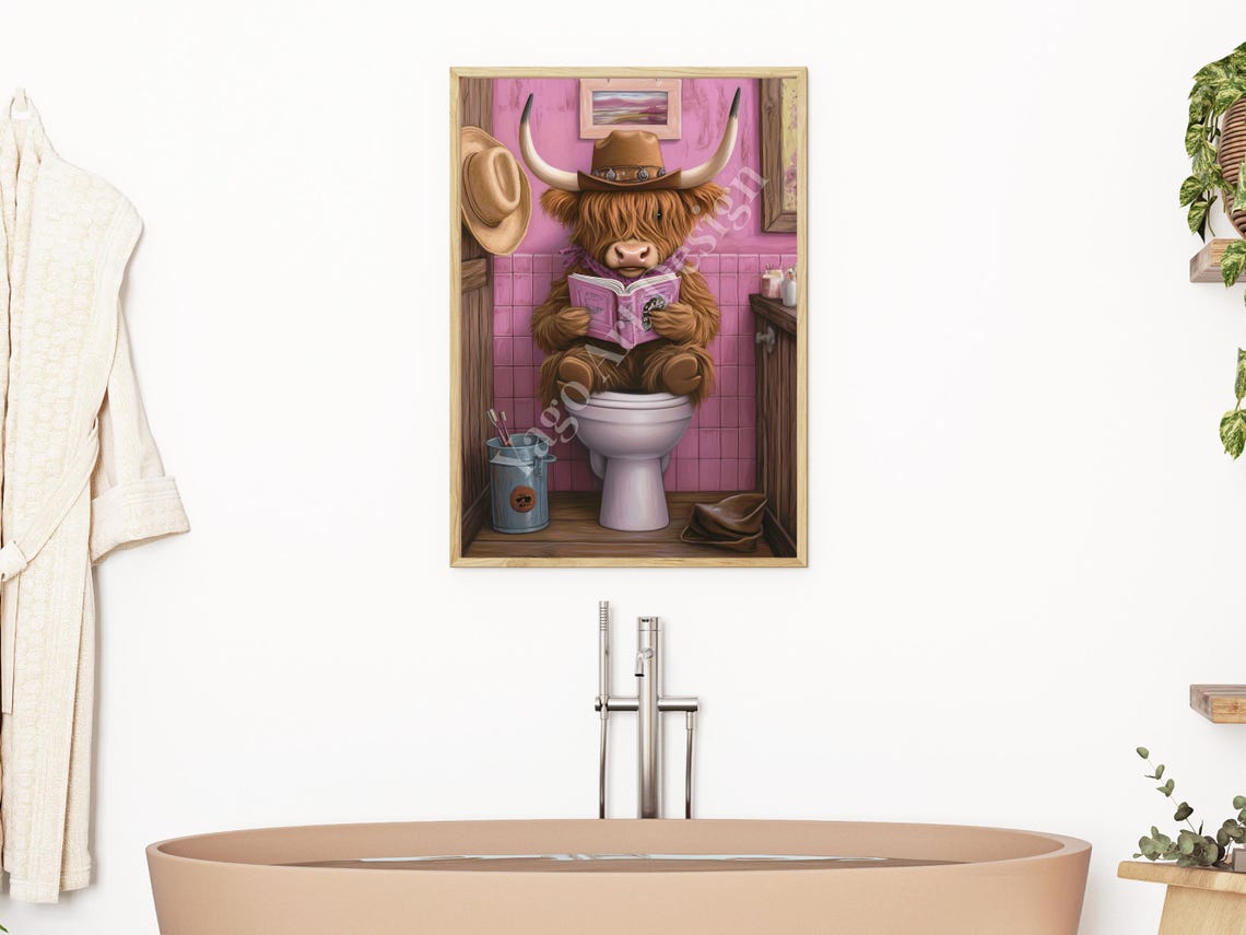 Cowgirl Highland Cow Sitting On Toilet Art Print Rustic Farmhouse Bathroom Decor Trendy Preppy Pink Toilet Poster Cute Western Cowgirl - Image 2