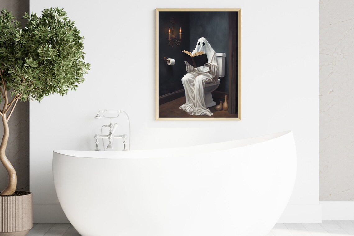 Ghost Reading Book on Toilet Funny Dark Academia Bathroom Poster - Image 4