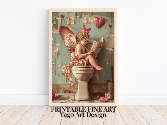 Cupid On Toilet Valentines Day Wall Art Print Cute Cupid Wall Art Valentines Day Art Cute Bathroom Decor Kids Bathroom Art