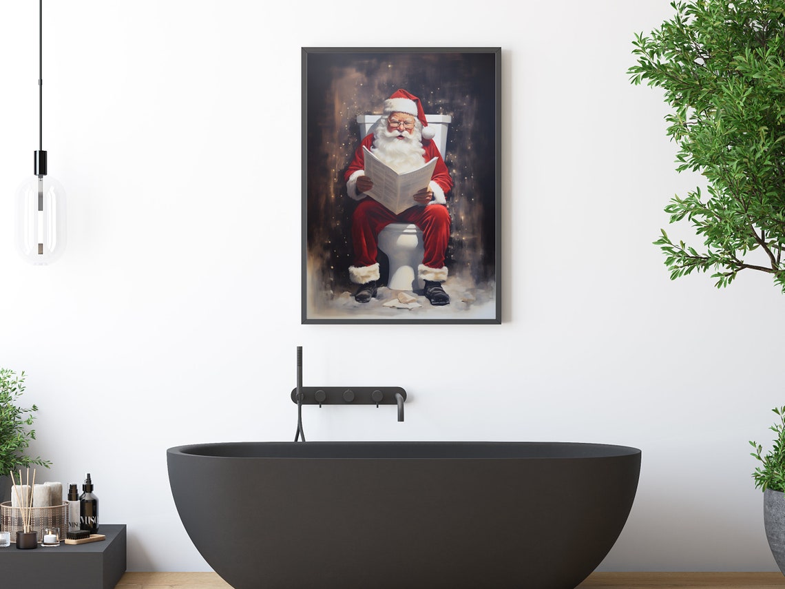 Funny Santa On Toilet Reading Newspaper Christmas Bathroom Print - Image 3