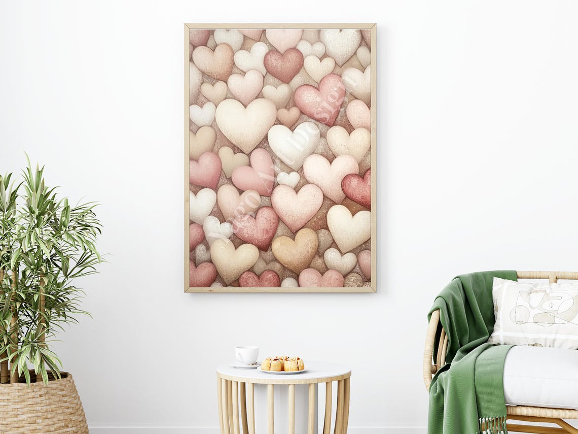 Neutral Pink Red White Hearts Poster Valentine Love Decor Art - Image 2