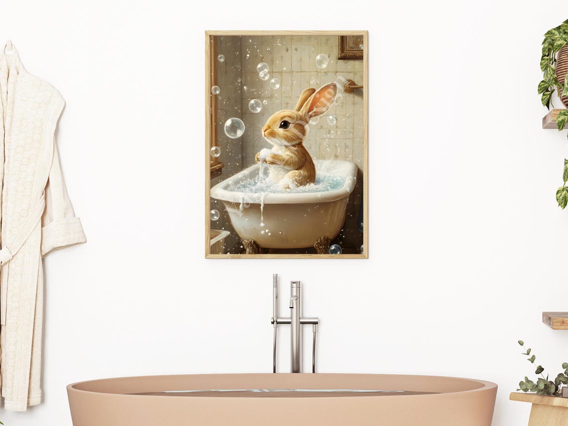 Easter Bunny In Bathtub Wall Art Print Rabbit In Bathroom Wall Decor Bathroom Animal Art Prints Funny Bathroom Decor Cute - Image 2