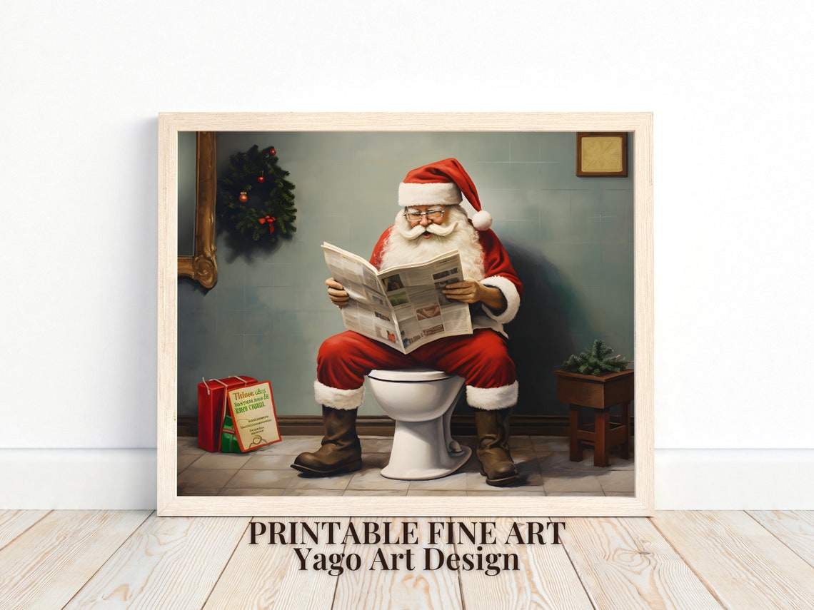 Santa Claus on Toilet Reading Newspaper Funny Bathroom Poster