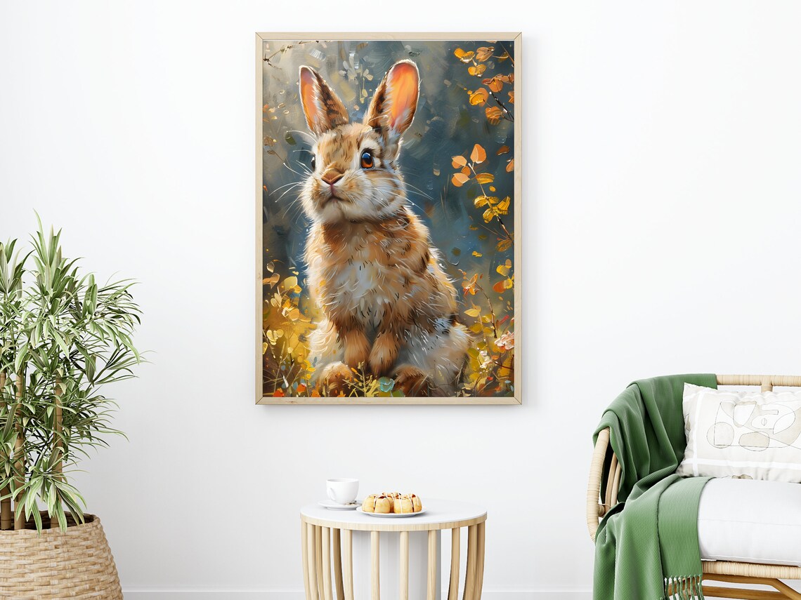 Cute Bunny Portrait among Autumn Leaves Warm Oil Painting Poster - Image 3