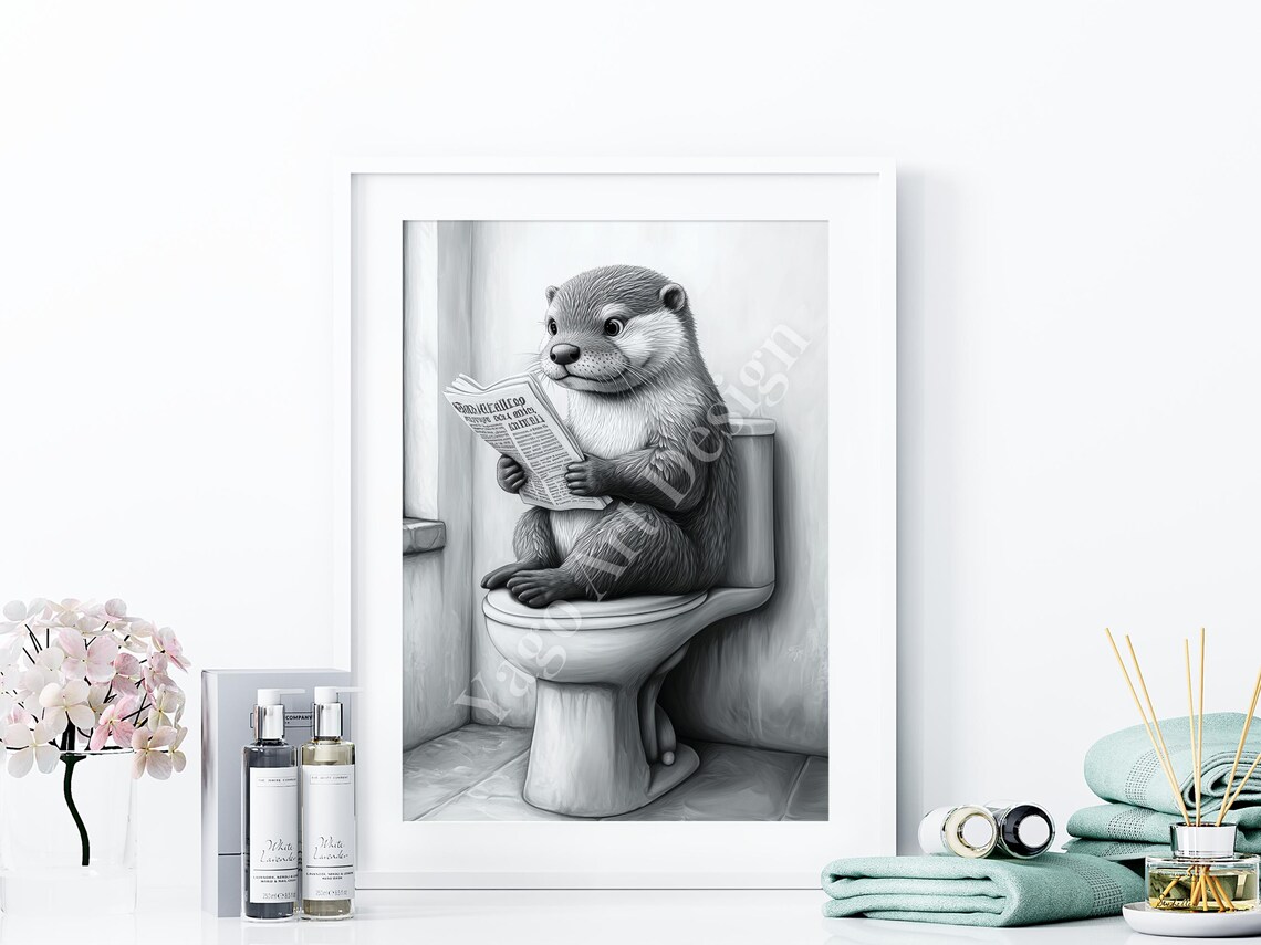 Otter Reading Newspaper on Toilet Poster Minimalist Bathroom Art - Image 4