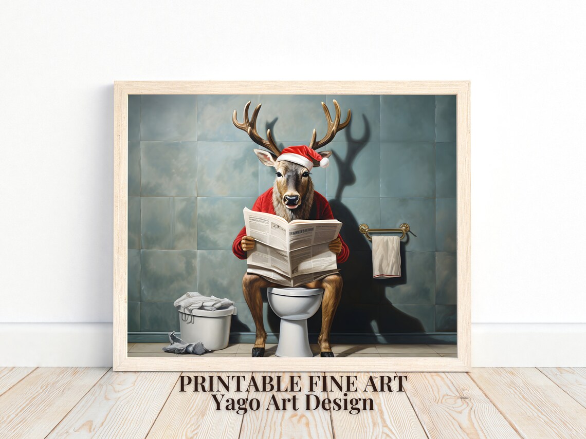 Reindeer on Toilet Reading Newspaper Funny Christmas Humor Poster