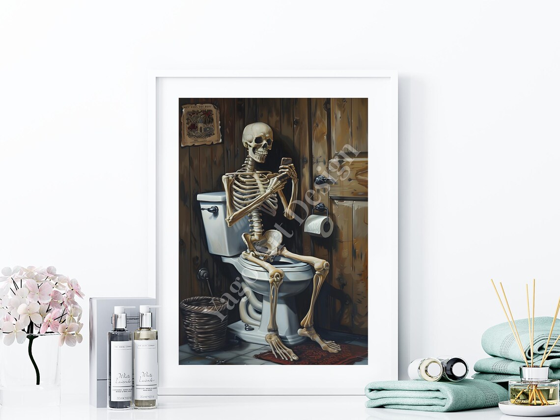 Vintage Skeleton Toilet Phone Poster, Halloween Humor - Image 4