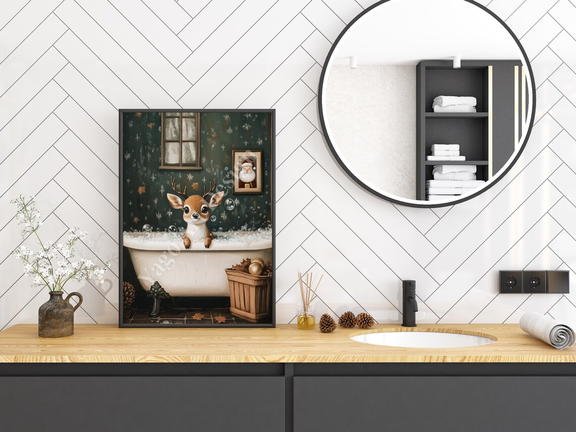 Cute Reindeer Bubble Bath Poster Whimsical Christmas Nursery Art - Image 3