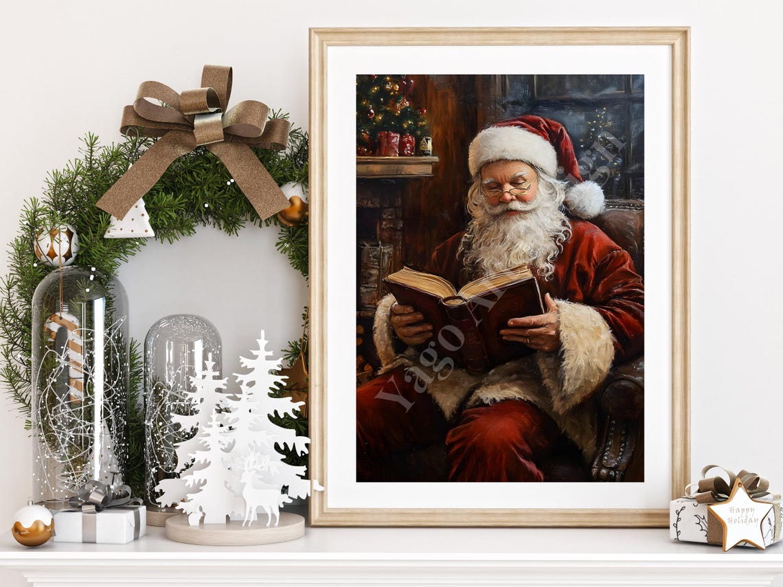 Vintage Santa Reading Book by Fireplace Cozy Christmas Art Poster - Image 2