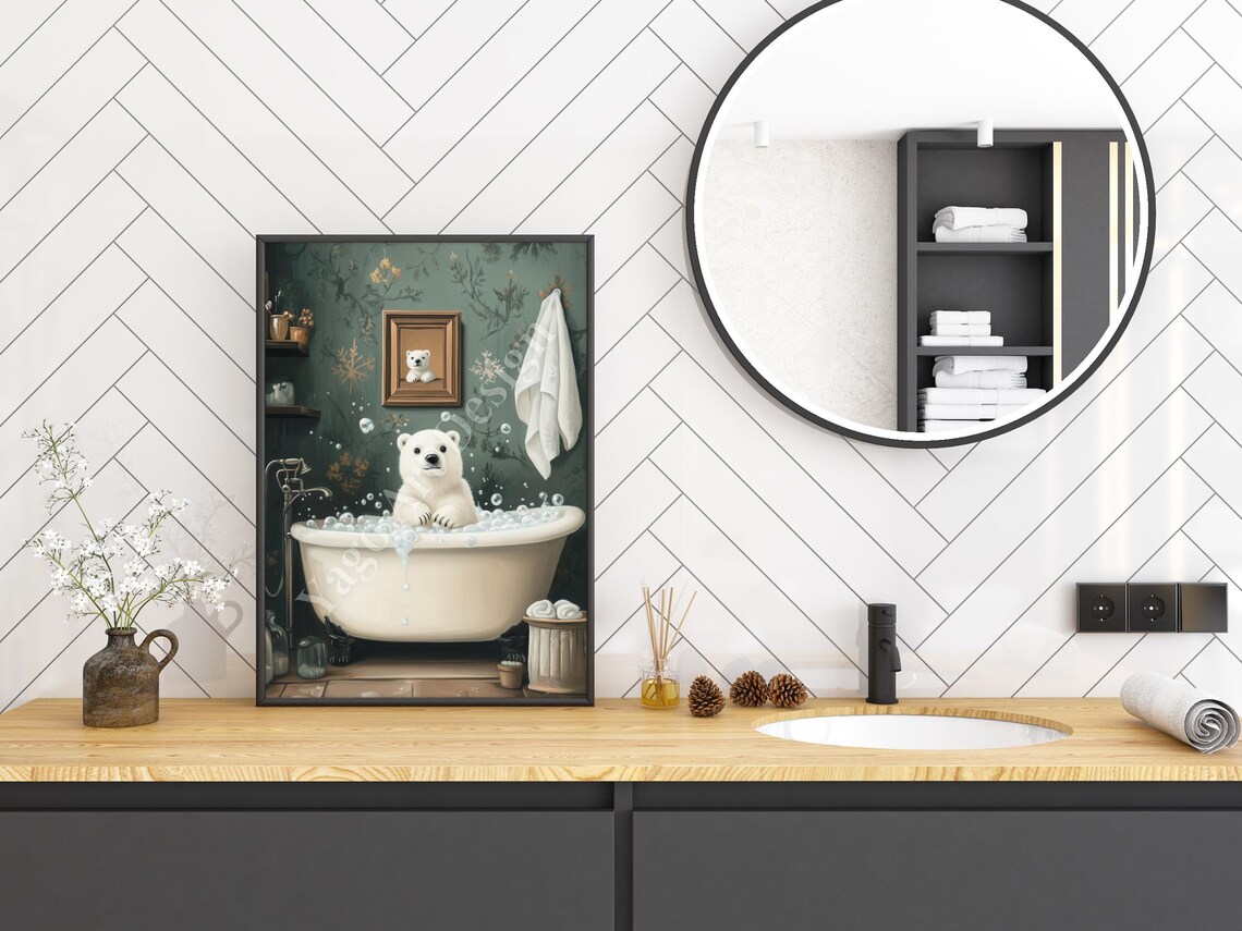 Polar Bear Cub in Bubble Bath Poster Winter Nursery Decor Art - Image 3