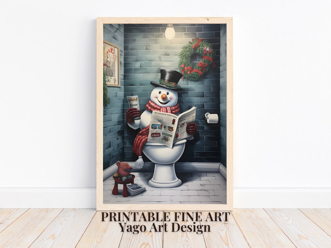 Snowman on Toilet Reading Newspaper Funny Bathroom Humor Poster