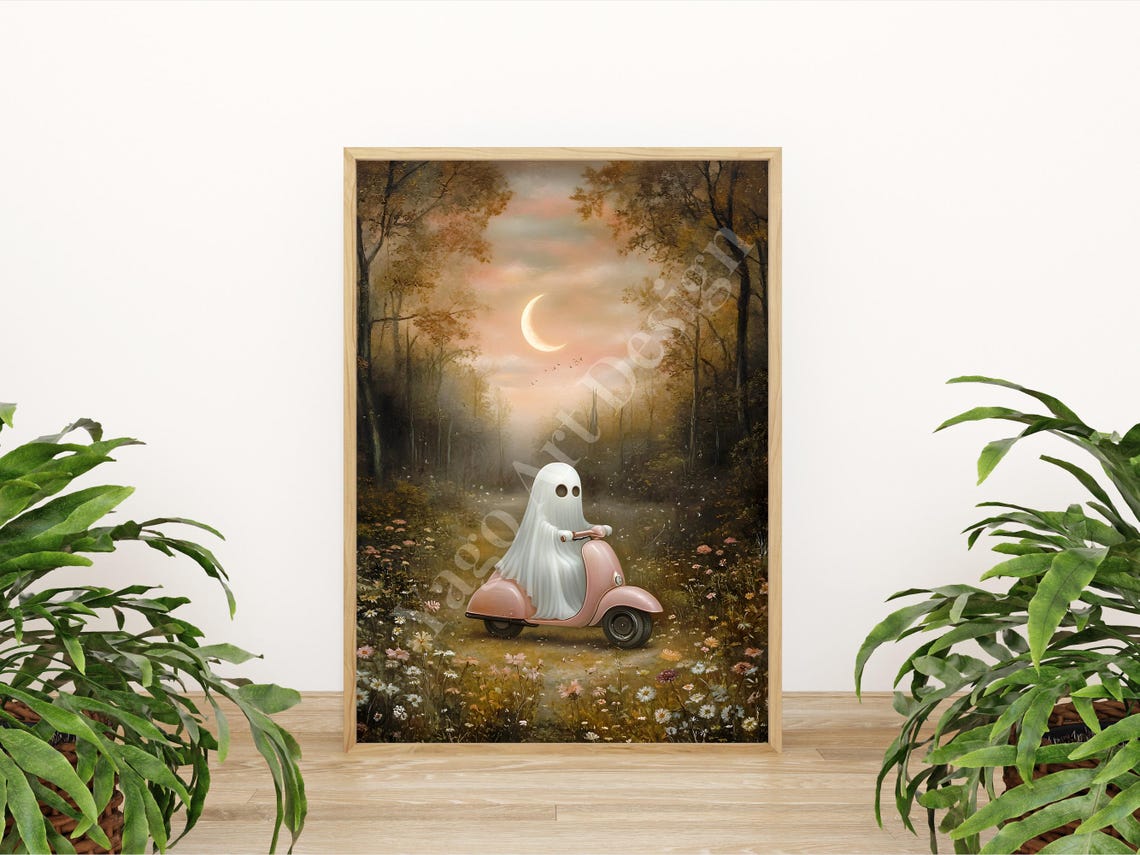 Cute Ghost Riding Pink Scooter through Forest at Sunset Poster - Image 2
