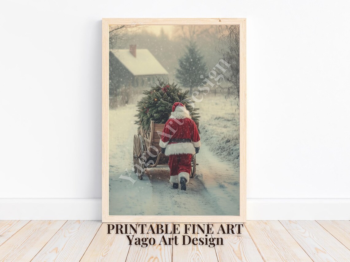 Santa Hauling Christmas Tree in Snow Poster Vintage Winter Scene