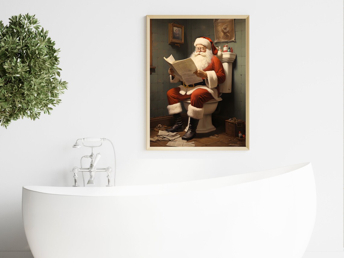 Santa Sitting on the Toilet Reading a Newspaper Print - Image 4