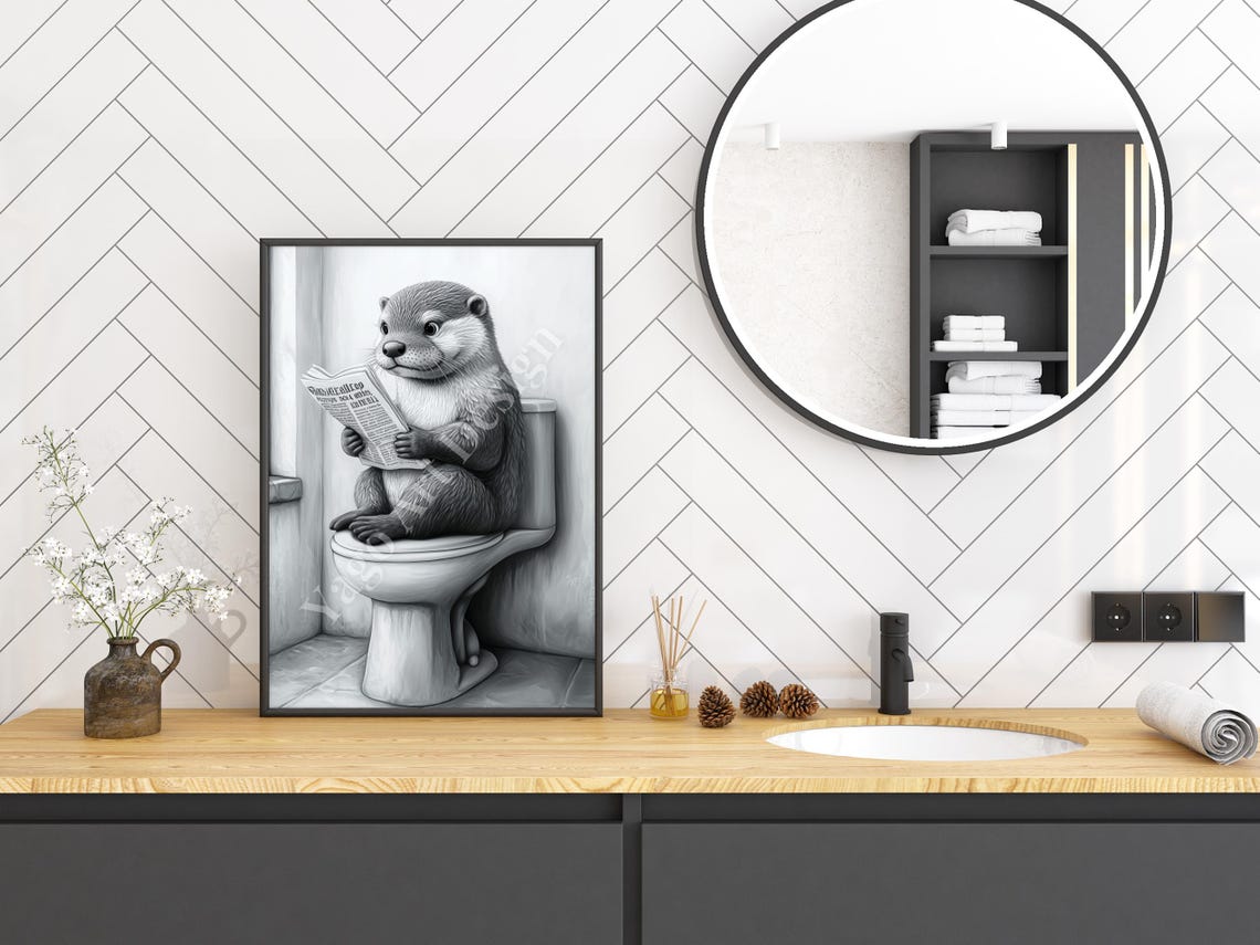 Otter Reading Newspaper on Toilet Poster Minimalist Bathroom Art - Image 3