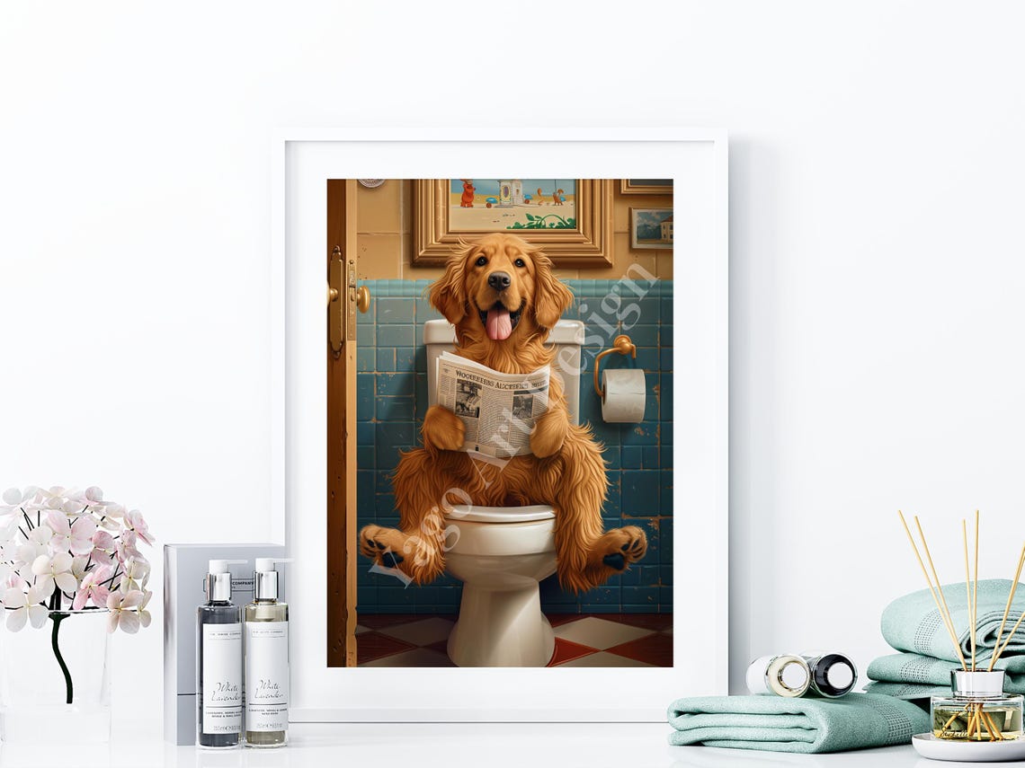 Golden Retriever On Toilet Reading Newspaper Funny Bathroom Poster - Image 3