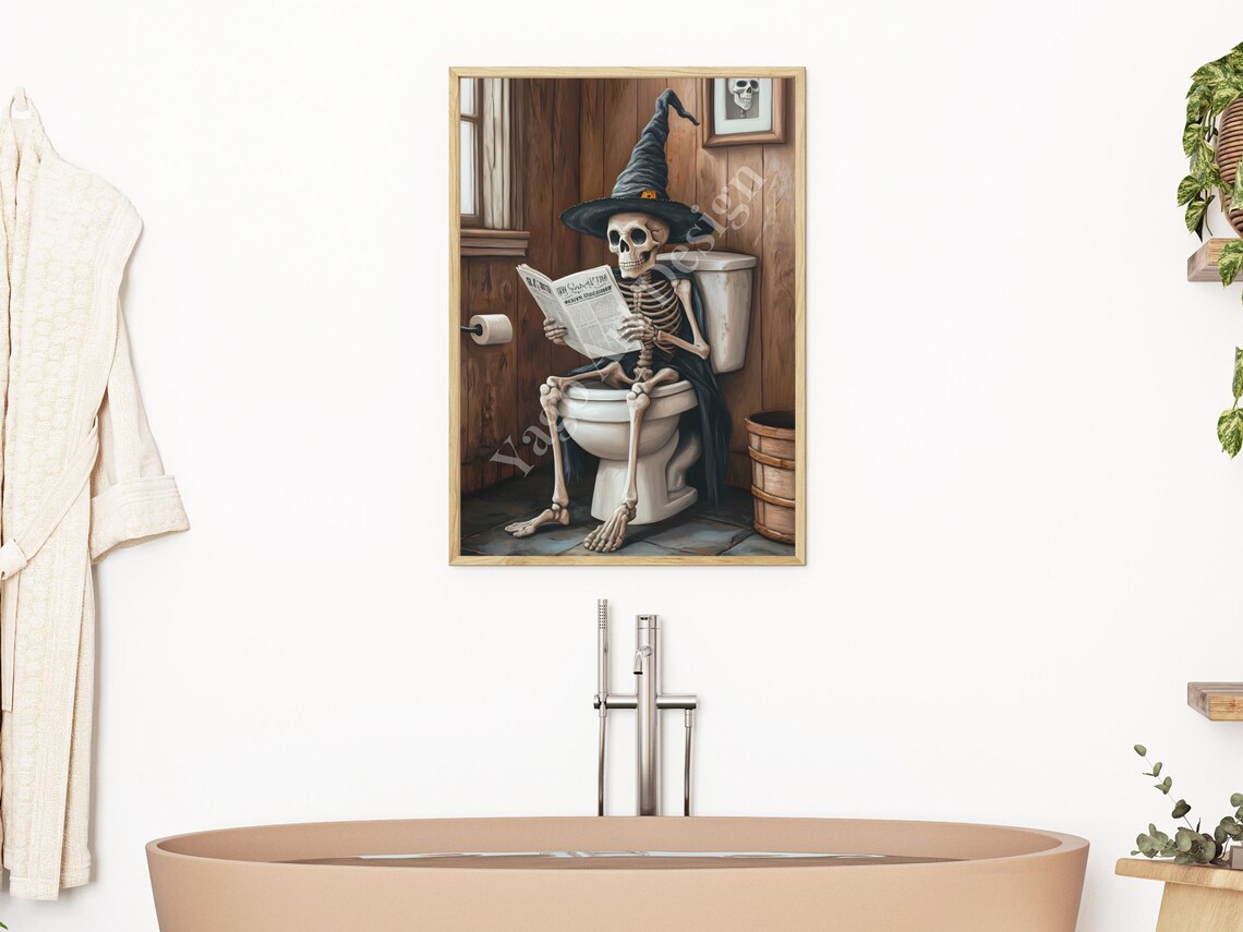 Cute Skeleton On Toilet Halloween Bathroom Art Print - Image 3