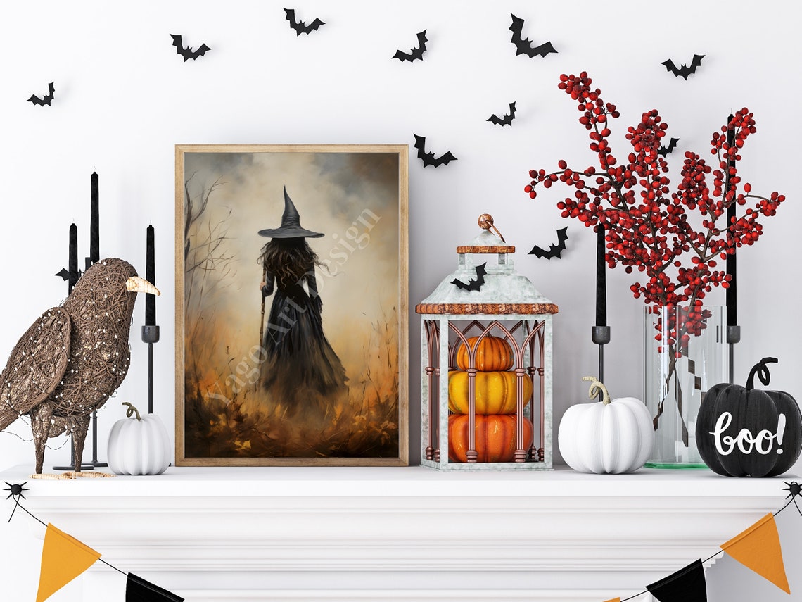 Witch From Behind Misty Autumn Field Moody Halloween Wall Art - Image 4