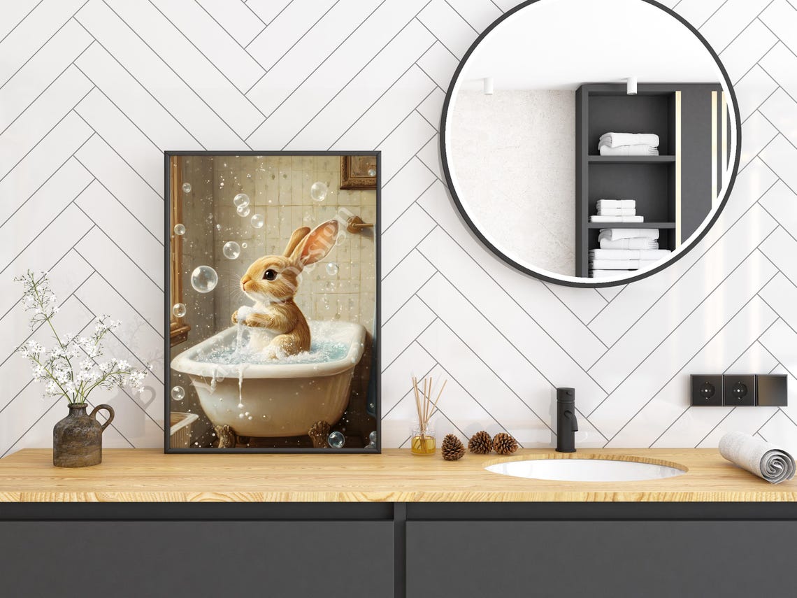 Cute Bunny in Bubble Bath with Bubbles Sweet Bathroom Art Poster - Image 3