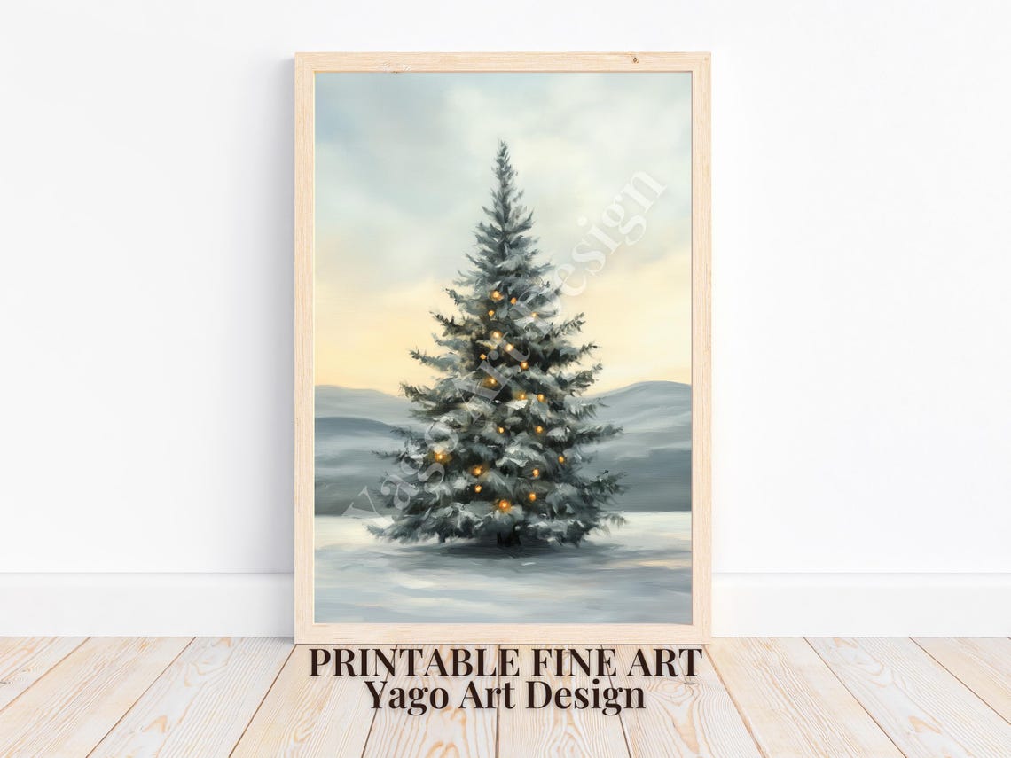 Snowy Christmas Tree Warm String Lights Winter Landscape Poster
