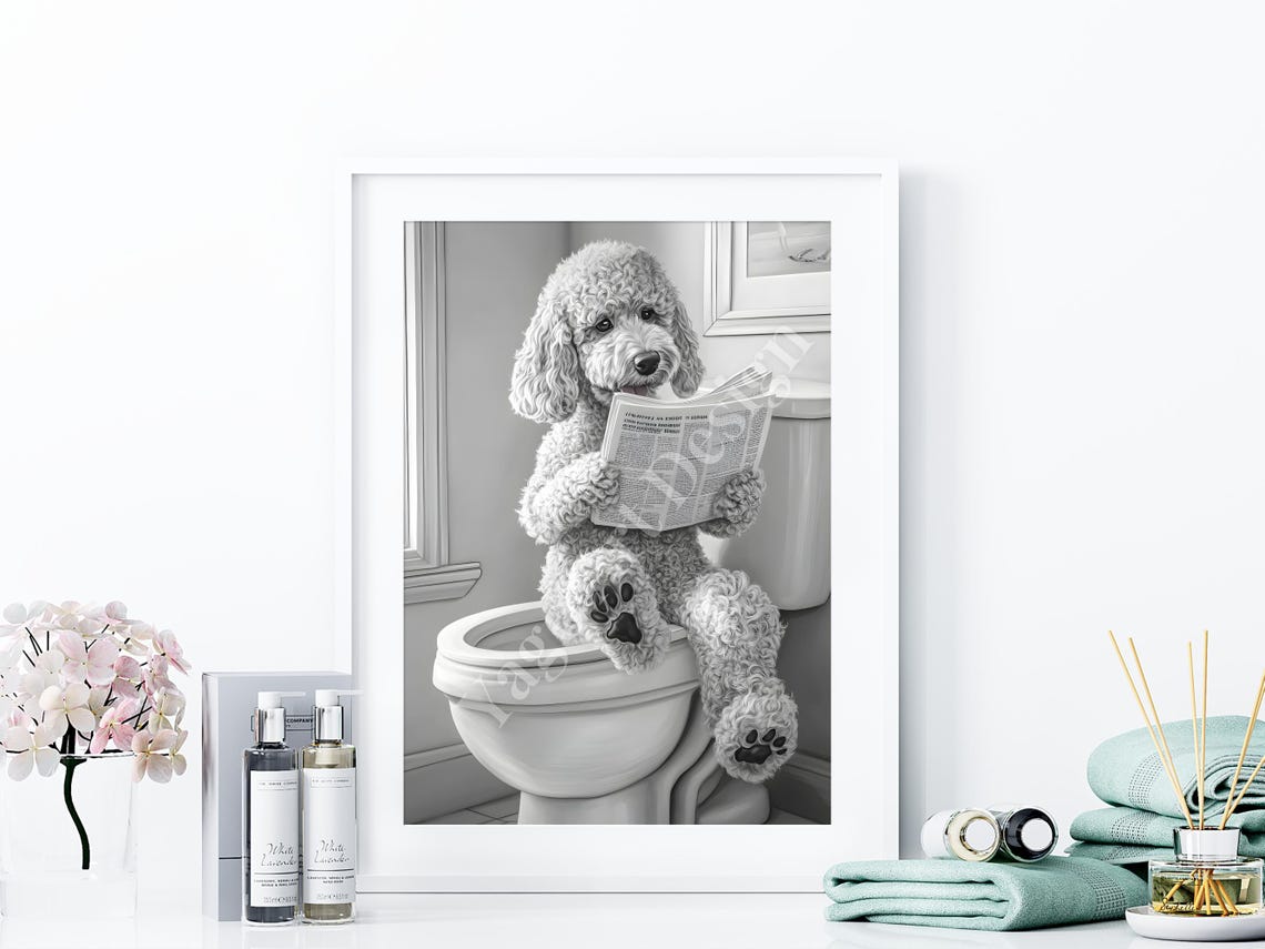 Goldendoodle Reading Newspaper on Toilet Funny Bathroom Poster - Image 4