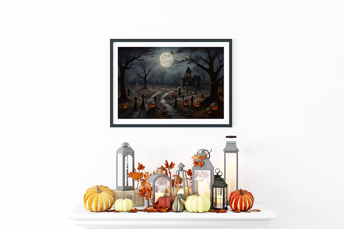 Haunted Graveyard with Jack O Lanterns Spooky Halloween Poster - Image 3