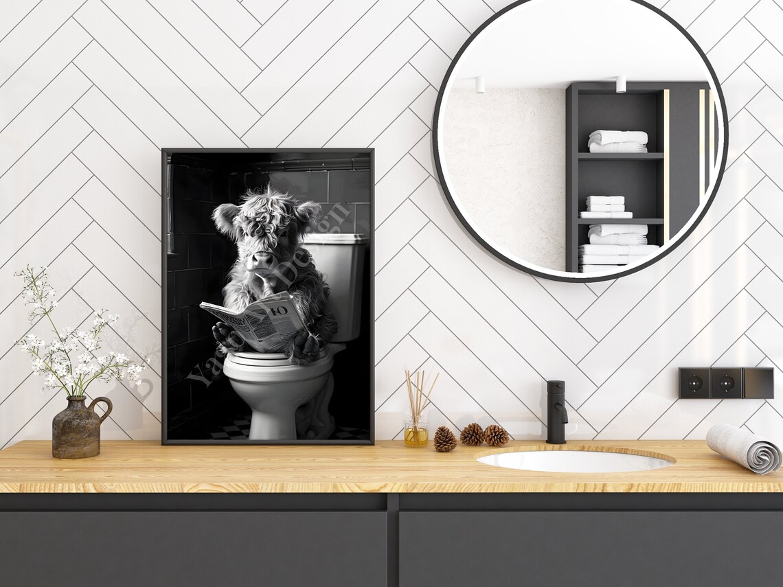 Pink Highland Cow Calf Reading on Toilet Cute Bathroom Poster - Image 2