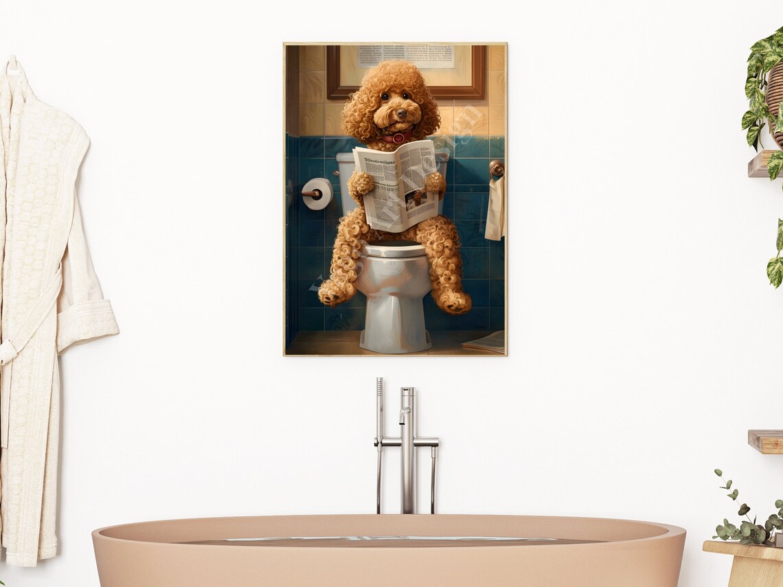 Funny Apricot Poodle Reading Newspaper on Toilet Bathroom Poster - Image 3